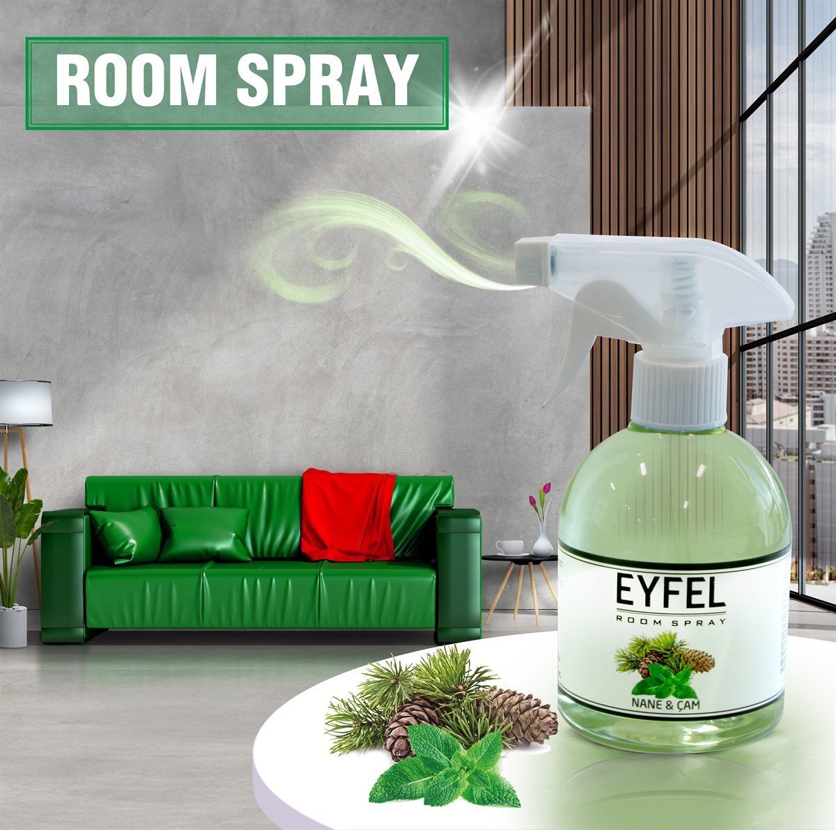  اسپری خوشبو کننده هوا ایفل اصل EYFEL مدل نعنا کاج mint & pine حجم 500 میلی لیتر 